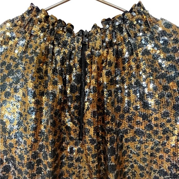 Sea NY Leopard Sequin Blouse Long Sleeve Elastic Neck Zip Back Gold Black Size 4 - Picture 3 of 6
